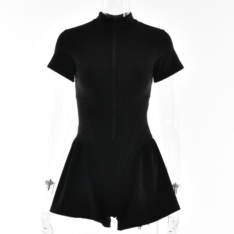 Women's Clothing Sexy Tight Skirt Jumpsuit Autumn Round Neck Short Sleeved Zipper Bottoming Shirt_voghion.com
