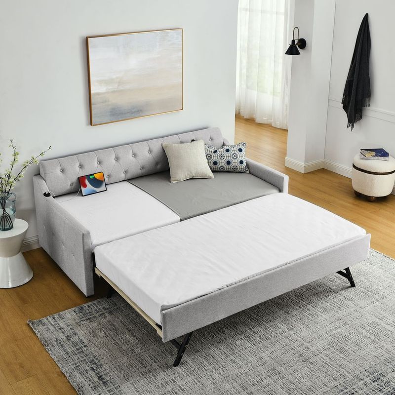 Twin Size Upholstery DayBed With Twin Size Erectable Trundle And USB Charging Design, Linen Beige_voghion.com