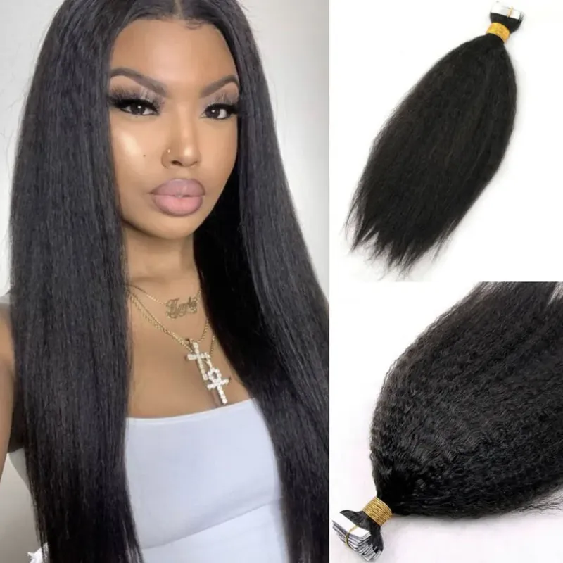 Tape in Human Hair Extensions Kinky Straight 40pcs Lot 100g Brazilian Coarse Yaki Skin Weft Machine Made Glue On_voghion.com