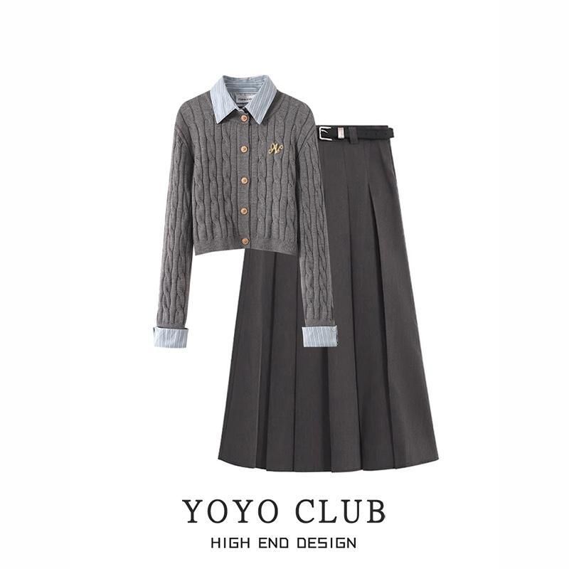 Vêtements pour femmes Automne et hiver Costumes pour femmes Nouveau design Pull tricoté deux pièces avec tempérament Jupe mince Costume deux pièces_voghion.com