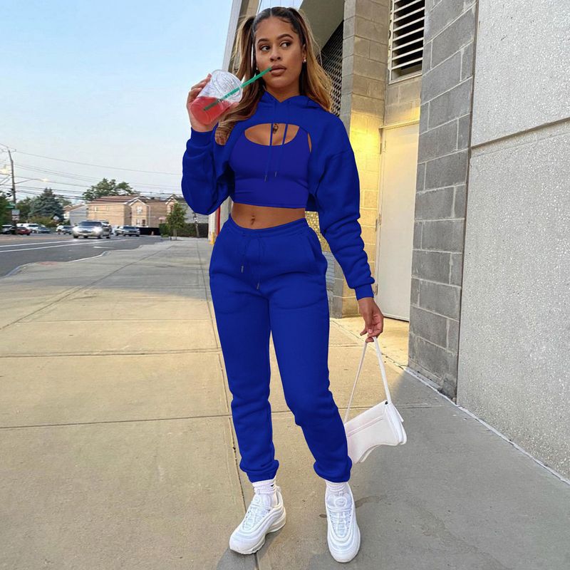 Damenbekleidung, modische Damenbekleidung plus Samt-Kordelzug, einfarbiges Kapuzensweatshirt, langärmelige Hose mit Kordelzug, Weste, dreiteiliger Anzug_voghion.com