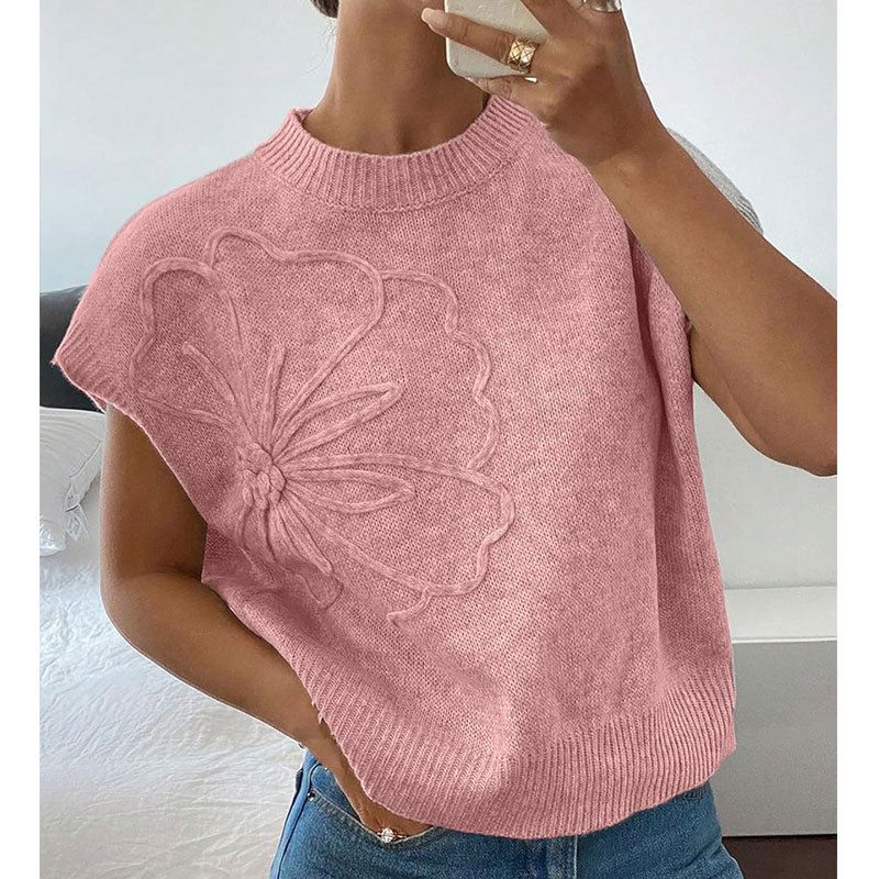 Débardeur ample en tricot pour femme - Pull sans manches brodé en 3D, tissu acrylique respirant, élégant, décontracté et professionnel_voghion.com