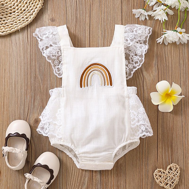 Babykleidung Kinderkleidung Baby Kinder Regenbogen Stickerei Spitze Spitze fliegende Ärmel Krabbelkleidung Baby niedlich ha Kleidung_voghion.com