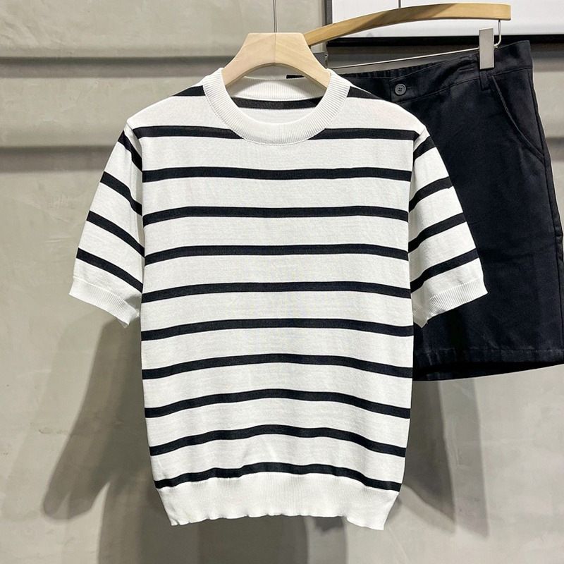 Herrkläder Ice siden cool lös kortärmad T-shirt herr sommarstil trendig herr matchande V-ringad stickad tröja utan iskänsla_voghion.com