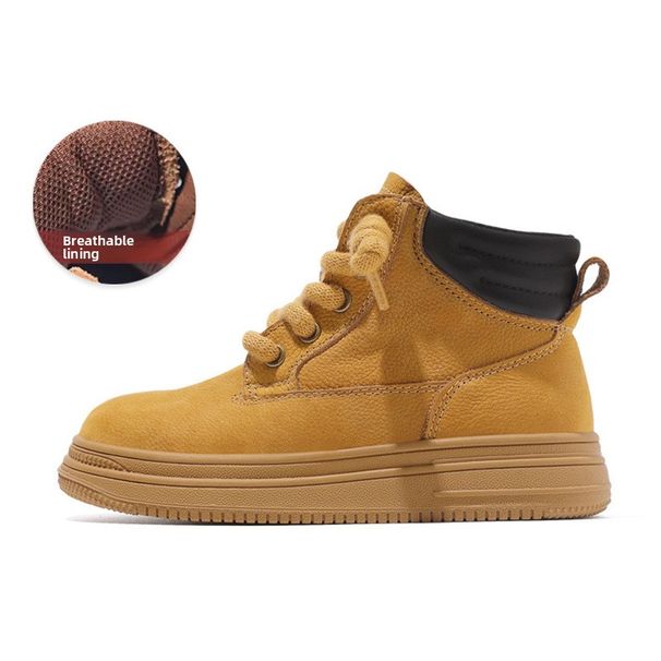 Oberschicht Rindsleder Kinder Martin 2025 Herbst Winter Neue Fleece-gefütterte kurze Mädchen Baumwolle Jungen gelbe Stiefel_voghion.com