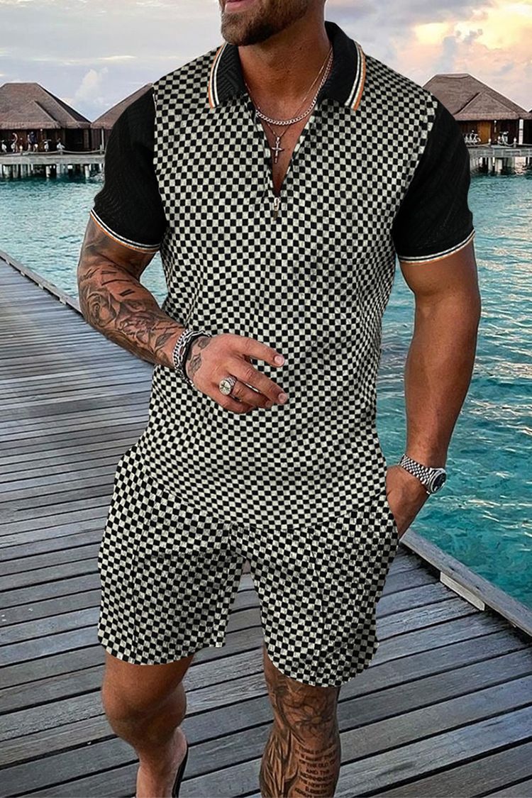 Vêtements pour hommes 2024 Nouveau commerce extérieur en gros Chemise à col ouvert et fermeture éclair pour hommes Pantalon de plage à manches courtes imprimé 3D Costume deux pièces pour hommes_voghion.com