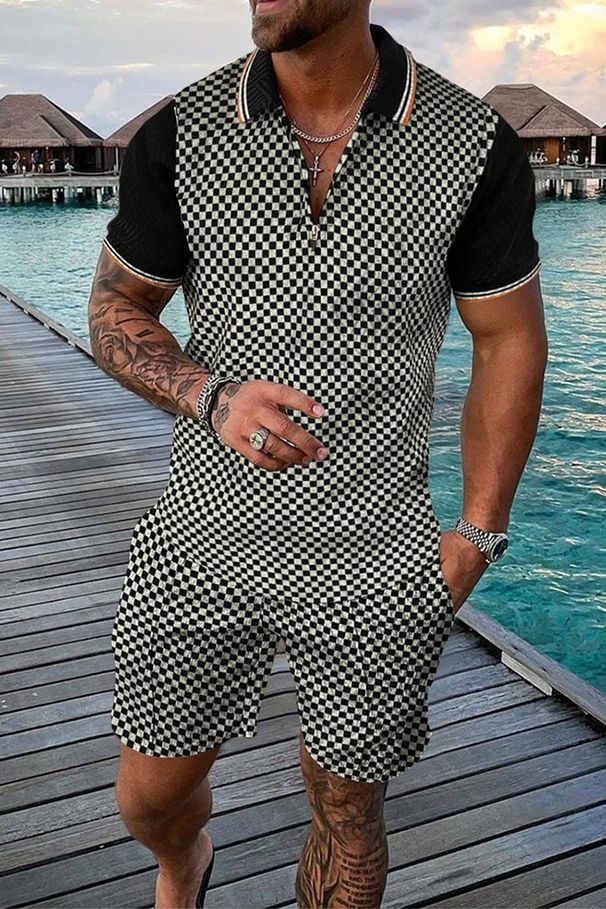 Vêtements pour hommes 2024 Nouveau commerce extérieur en gros Chemise à col ouvert et fermeture éclair pour hommes Pantalon de plage à manches courtes imprimé 3D Costume deux pièces pour hommes_voghion.com