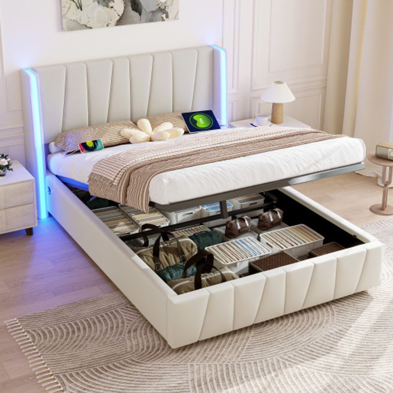 LED-Polsterbett mit Stauraum und getuftetem Kopfteil, beiges Samt-Plattformbett mit osmanischem Stauraum, moderne Schlafzimmermöbel, 140 cm x 200 cm_voghion.com