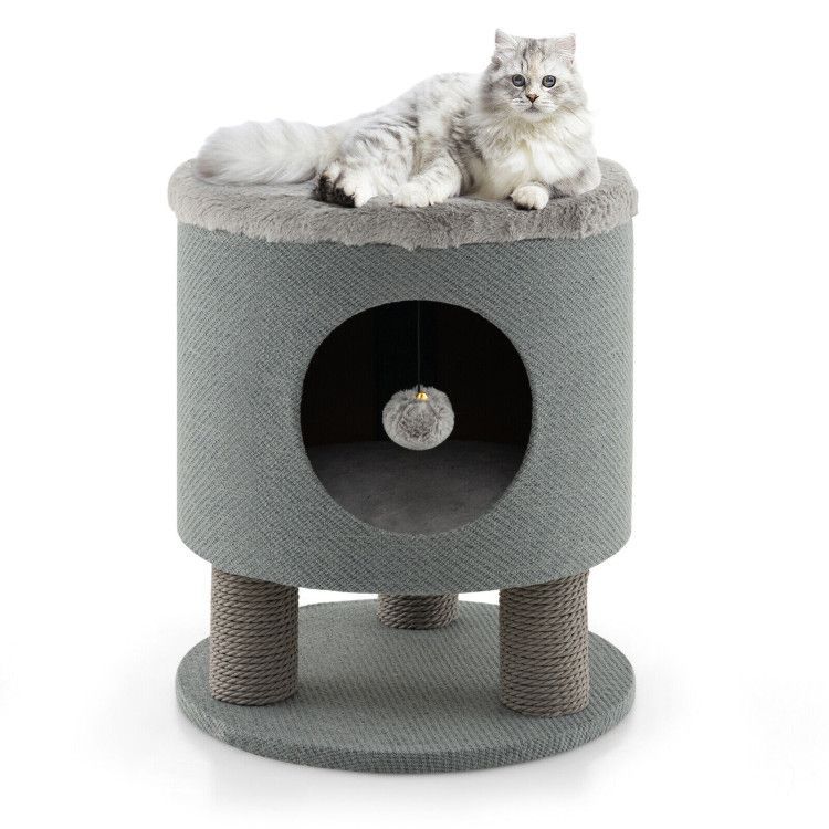 3-in-1 Cat Condo Stool Kitty Bed With Scratching Posts And Plush Ball Toy_voghion.com