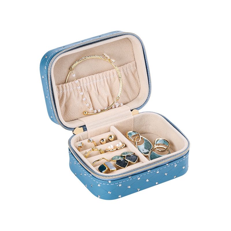 Travel Storage With Diamond Studded PU Leather Portable Box, Ring Earnail Bracelet Jewelry Box_voghion.com