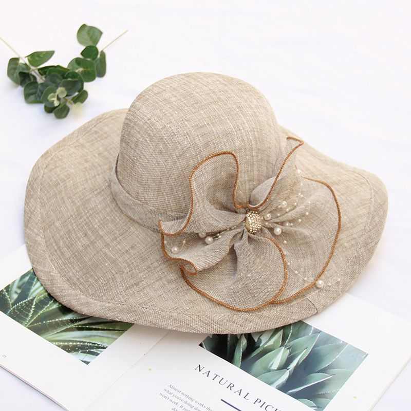 Nuevo sombrero para el sol con aleros grandes, sombrero para el sol con flores y diamantes de imitación para mujer, sombrero de playa de algodón y lino para la playa_voghion.com