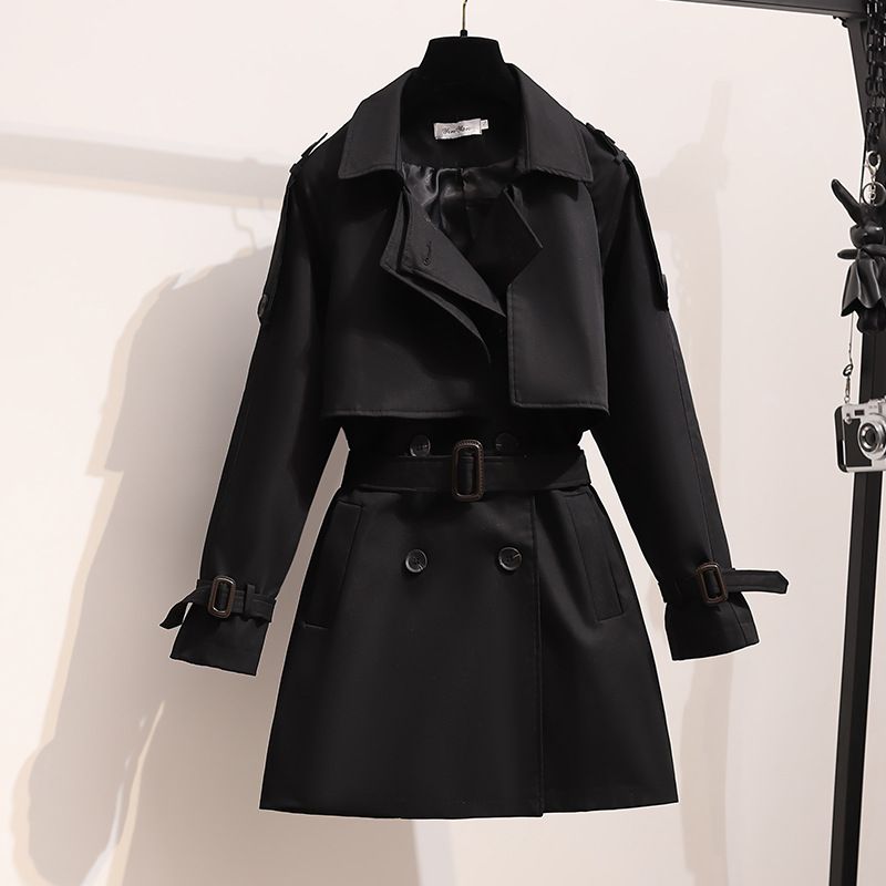 ​​"Elegant Short Trench Coat For Petite Women - Lightweight Spring & Autumn Jacket With British Style, Wave Collar, Button Closure (Khaki, Black)"​​_voghion.com