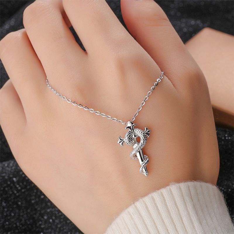 Collana con scettro a forma di serpente in argento puro Difeng S999, stile medievale femminile, ciondolo con anno del serpente, catena per clavicola, collana con croce retrò_voghion.com