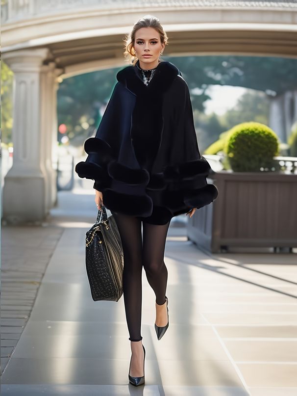 Strickjacke im Cape-Stil mit Kaninchenfellfutter und Kapuze für Damen in Übergröße – mittellang, offener Vorderteil im orientalischen Stil_voghion.com