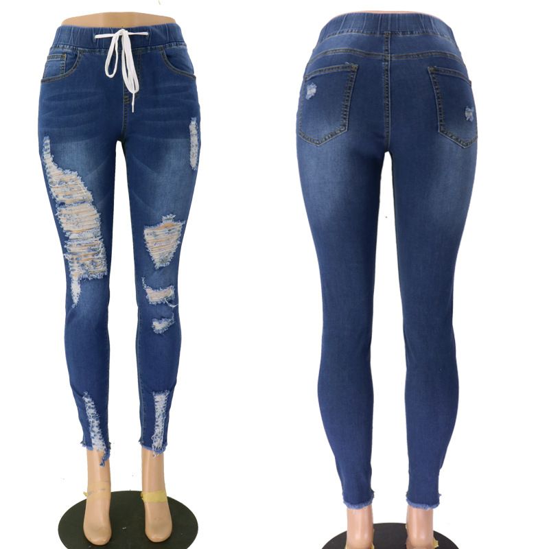 Damenhosen Elastische Taille Hohe Taille Perforierte Slim Fit Kleine Füße Schnürjeans_voghion.com