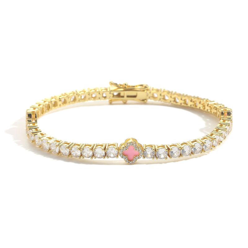 Tennisarmband im Ins-Stil mit rosa Kleeblatt und eingelegten Diamanten, exquisites High-End-Schlüsselbeinketten-Accessoire_voghion.com
