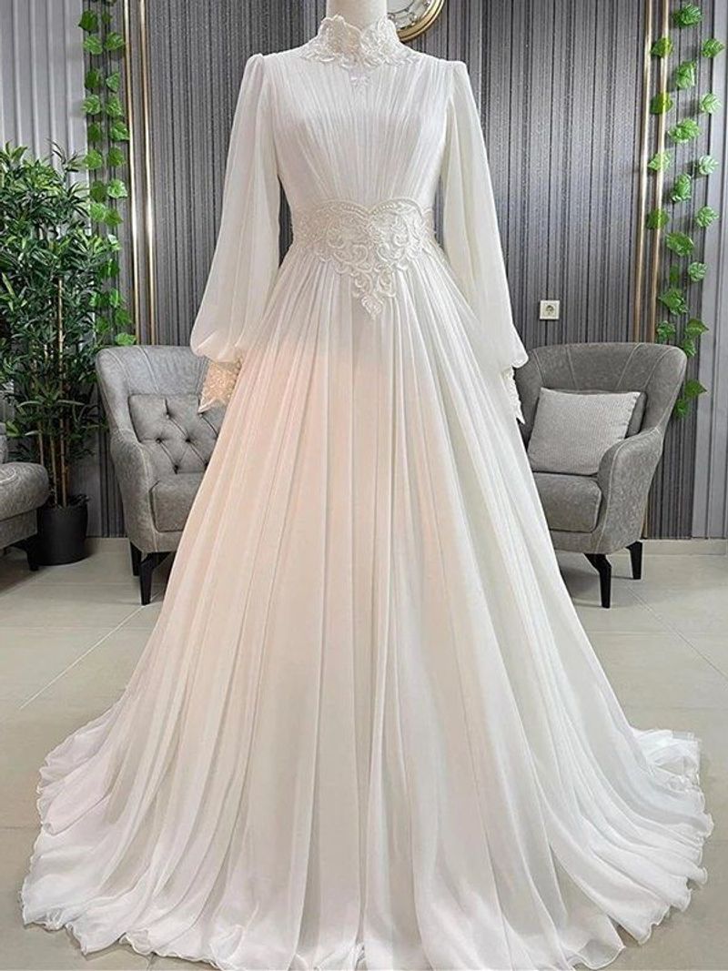Women's Clothing Elegant Modest Muslim Wedding Dress With High Neck & Long Sleeves – Ivory White Chiffon Gown For Brides (US2-US16)​_voghion.com