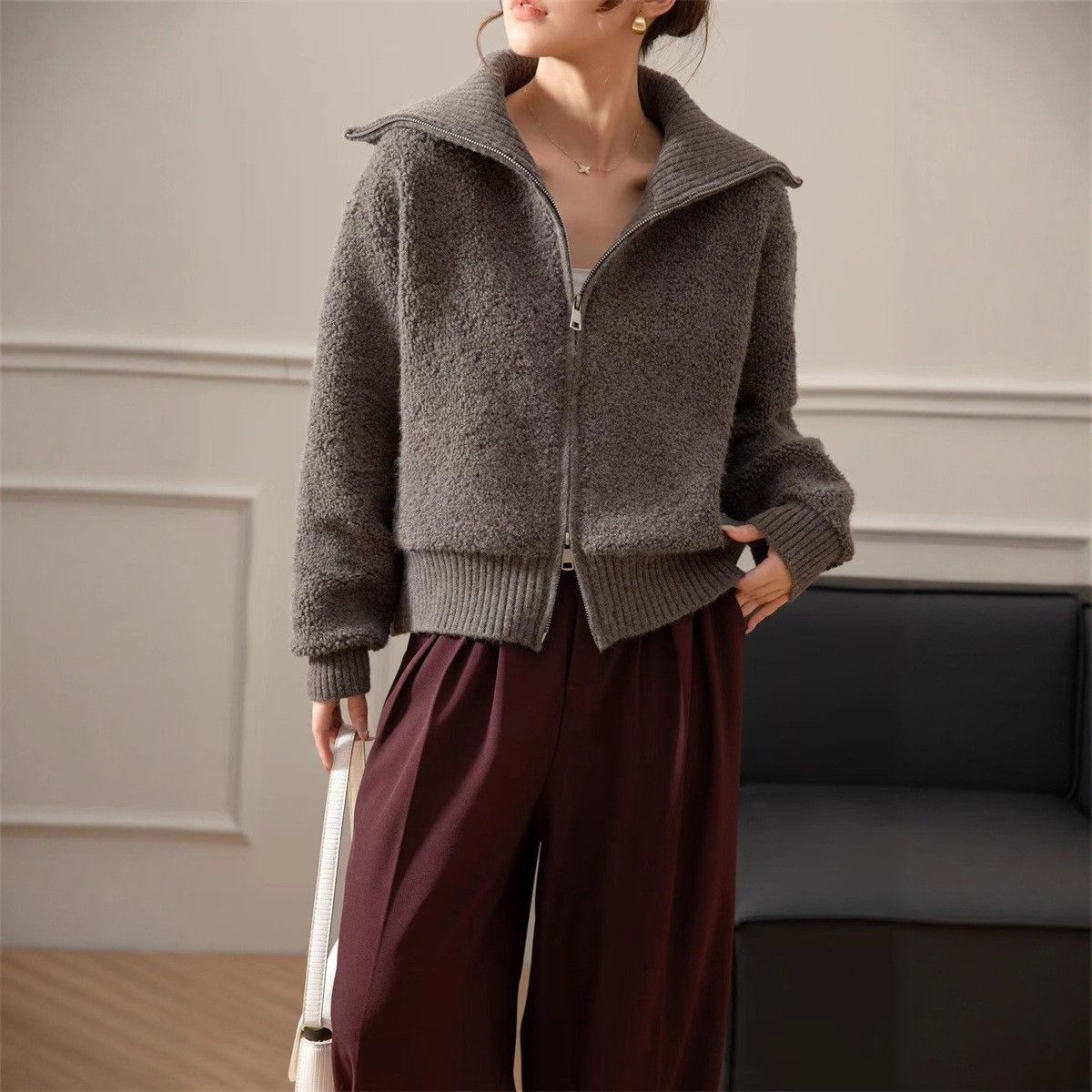 Large Lapel Zipper Knitted Sweater Cardigan Women's Thickened Short Knitted Jacket Top Women's_voghion.com