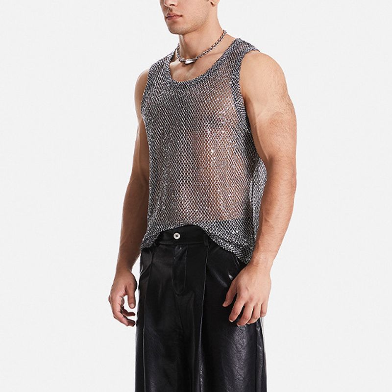 Vêtements pour hommes T-shirt en maille creuse pour hommes Discothèque Artisanat lourd Perspective Gilet sexy_voghion.com