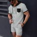 Men's Clothing New Waffle Men's Hooded Color Matching Short Sleeved Cardigan Casual Jacket Shorts Suit_voghion.com