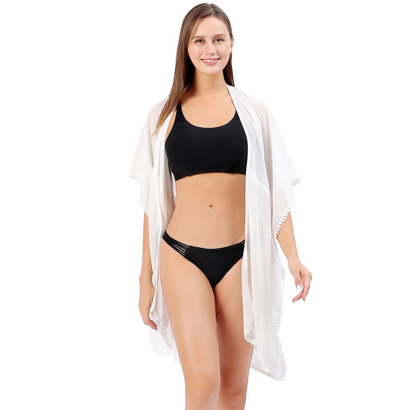 European and American beach style cardigan solid color chiffon with small lace belt cardigan bikini cover-up sun protection clothing ST006_voghion.com