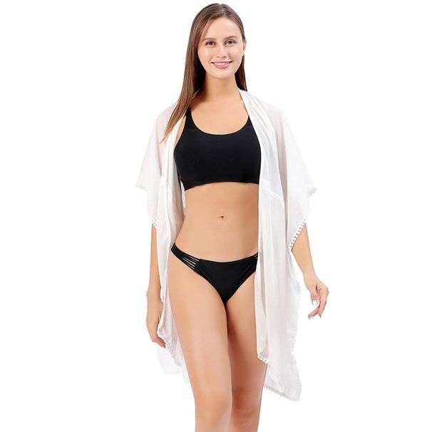 European and American beach style cardigan solid color chiffon with small lace belt cardigan bikini cover-up sun protection clothing ST006_voghion.com