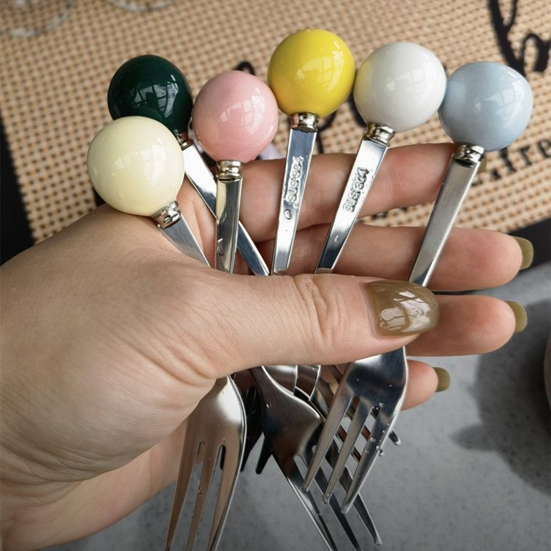 Cream Style 304 Household Cake Dim Sum Small Elephant Ceramic Fruit Fork Ins Colorful Cute_voghion.com