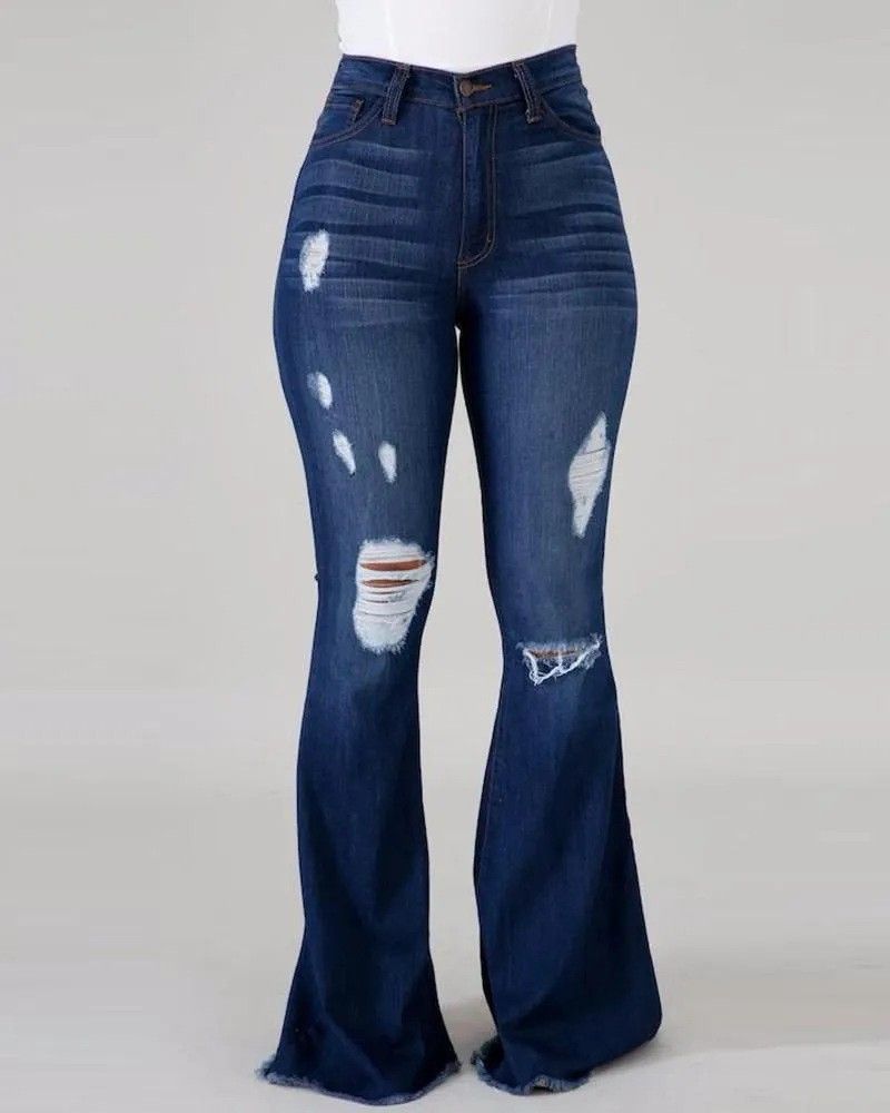 Jeans strappati ad alta elasticità Pantaloni a vita alta svasati_voghion.com