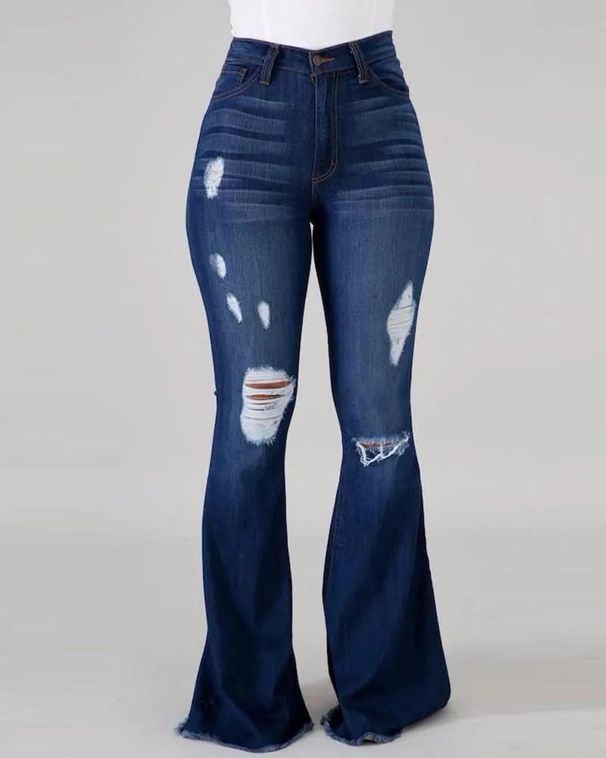 Jeans strappati ad alta elasticità Pantaloni a vita alta svasati_voghion.com