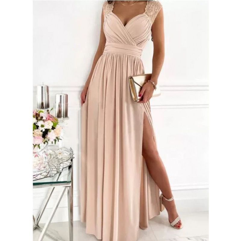 Women's Christmas Sleeveless Lace Halter Dress With A Slit_voghion.com