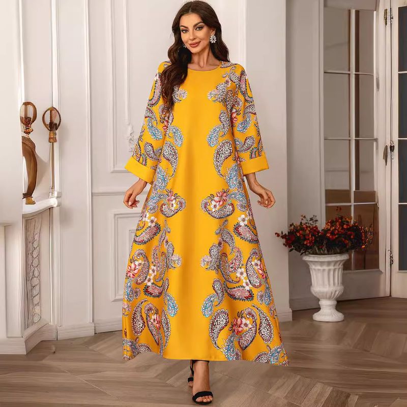 Vestido feminino muçulmano com decote redondo e manga comprida, floral, com contas de diamante, vestido abaya_voghion.com