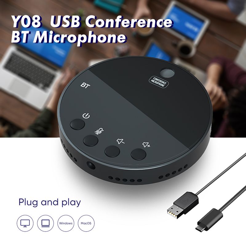 Desktop USB Conference Speakerphone BT Microphone 360° Omnidirectional Condenser Computer Mic Mute/Volume Function with Speaker_voghion.com
