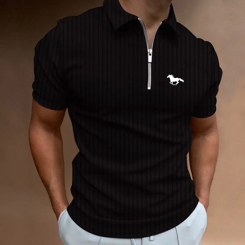 Polo d'été décontracté à rayures pour hommes, manches courtes, revers et fermeture éclair._voghion.com