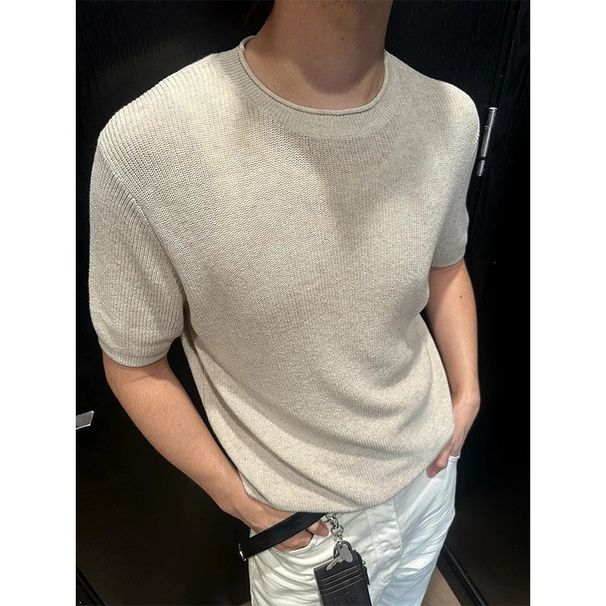 Heren poloshirt in Old Money-stijl, gebreid – zomers, ontspannen luxe top met korte mouwen (ademend polyester, slim fit, machinewasbaar, zwart/beige)_voghion.com