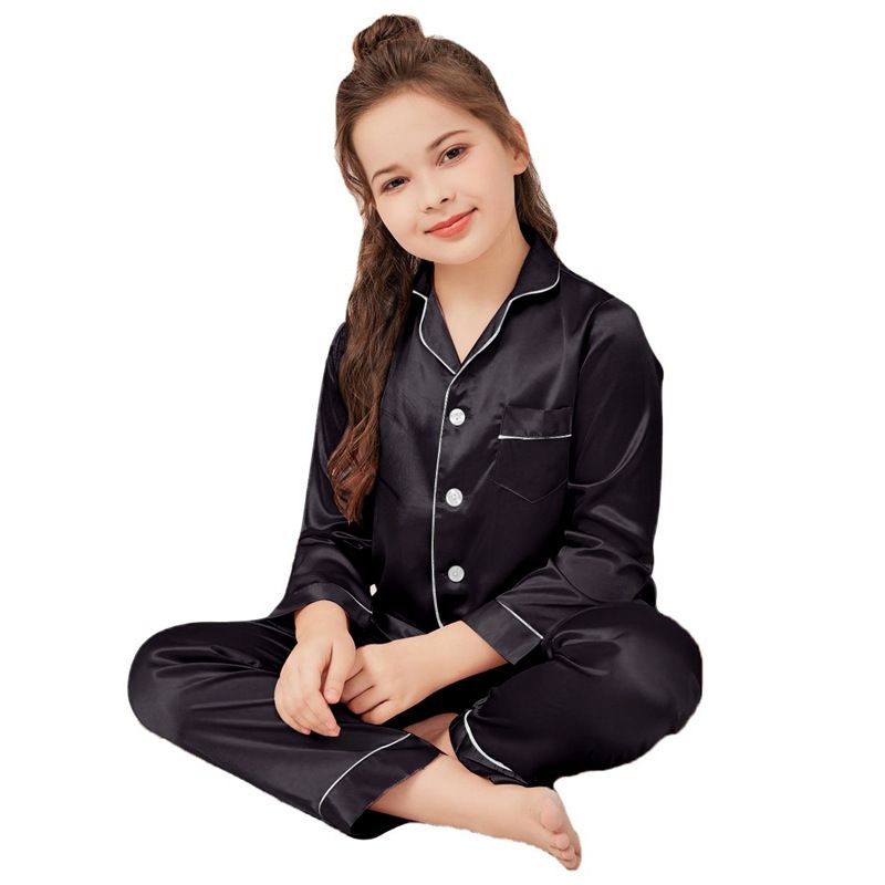 Spring-Summer-Autumn Kids' Casual Pajamas | Thin Ice Silk Long-Sleeved Lapel Set | Boys & Girls Loungewear--140 Yards_voghion.com