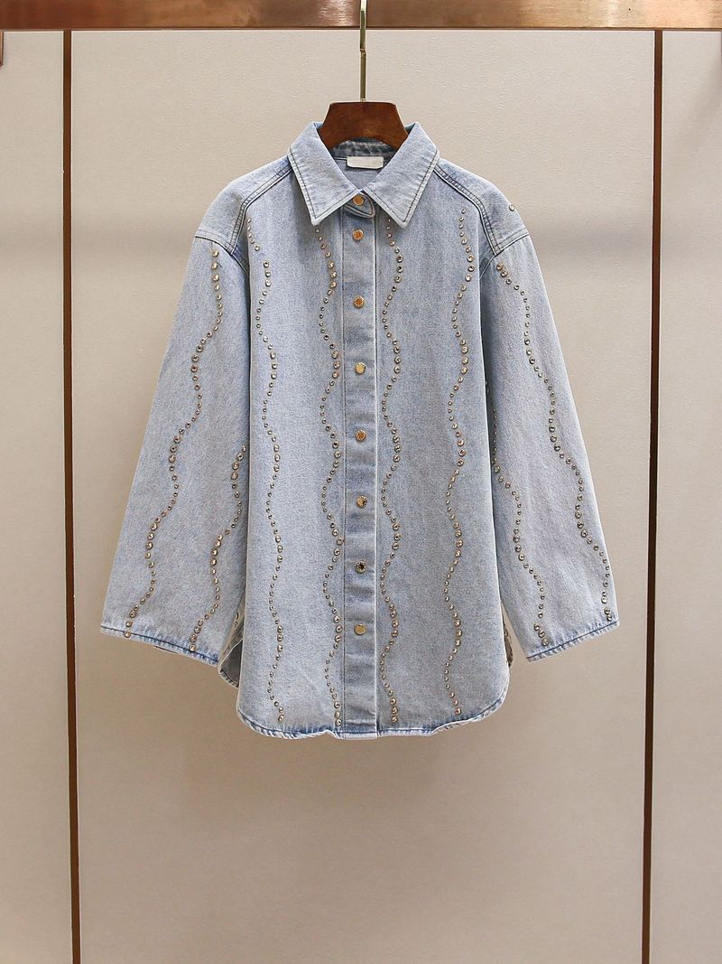 S Mājas Pavasaris Jauns Stils Modes Brīvs Ikdienas Franču Retro Vintage Vintage Dimanta Apkakles Džinsa Krekls Mētelis_voghion.com