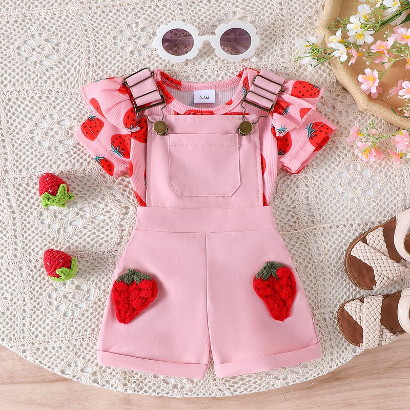 Mono rosa fresa para bebé niña de 0 a 18 meses: pantalón corto de algodón suave con tirantes ajustables y un diseño divertido._voghion.com