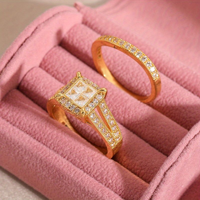 2-teiliger luxuriöser und eleganter Damenring mit glänzendem, eingelegtem synthetischem Zirkon, vergoldet mit 14 Karat Gold, geeignet für Verlobung, Jahrestag, Festival, Party, V_voghion.com