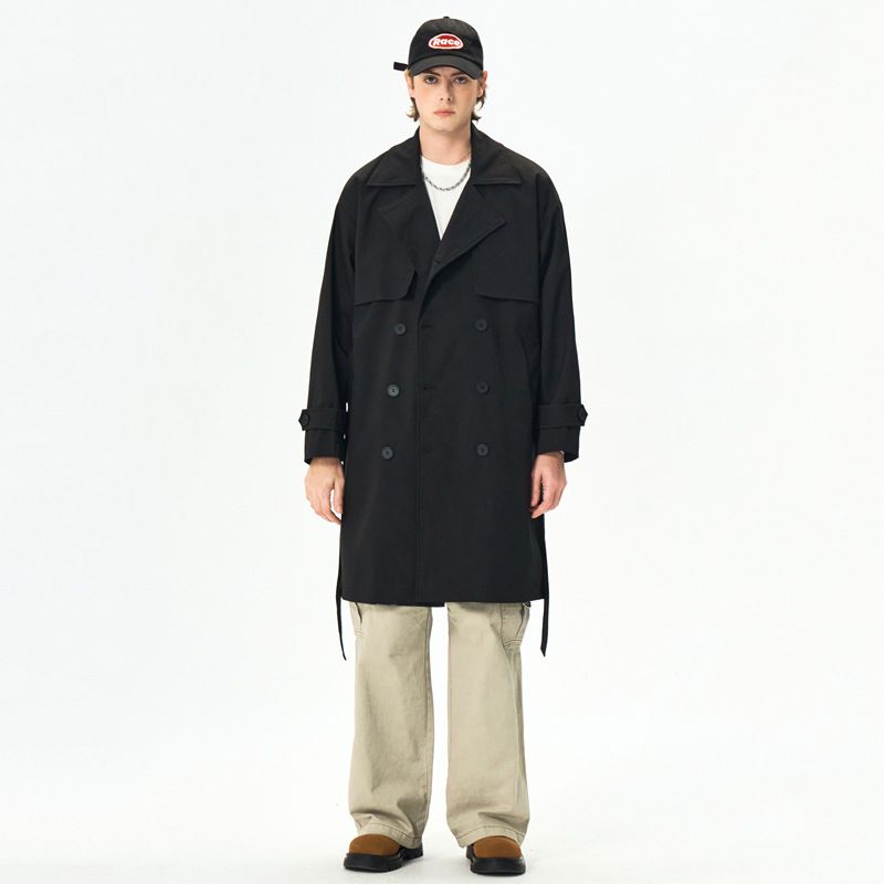 Langer Wollmantel für Herren mit zweireihigem Design, mittellanger Mantel mit Kapuze und Gürtel, schmal geschnittene, lässige Trenchjacke für Herbst und Winter_voghion.com