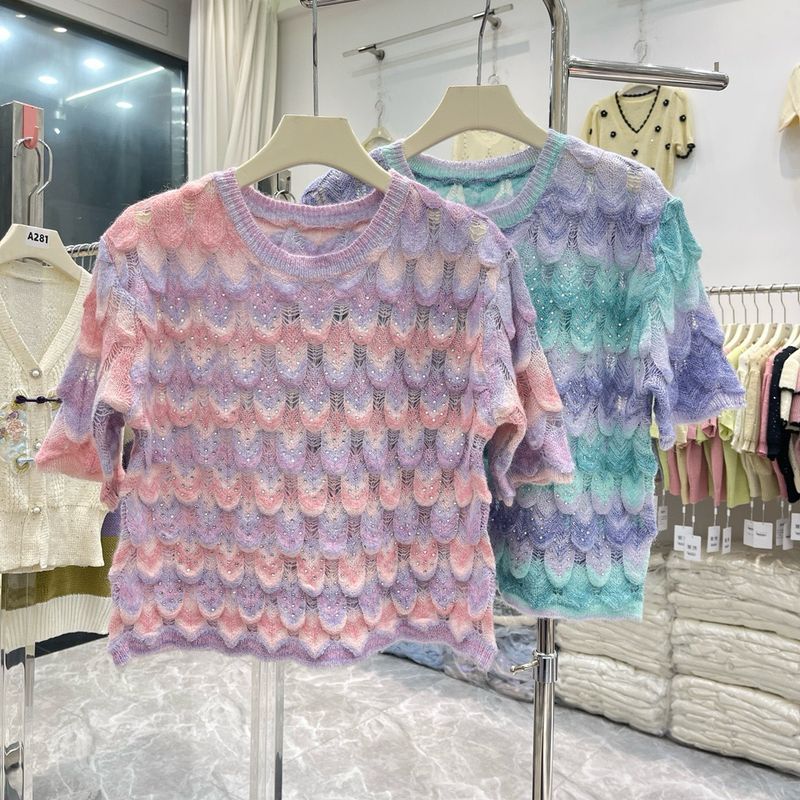 Frauen Kleidung Sommer dünne schwere diamant regenbogen farbe stricken pullover weibliche neue stil kleine duft lose pullover lose hohl top_voghion.com