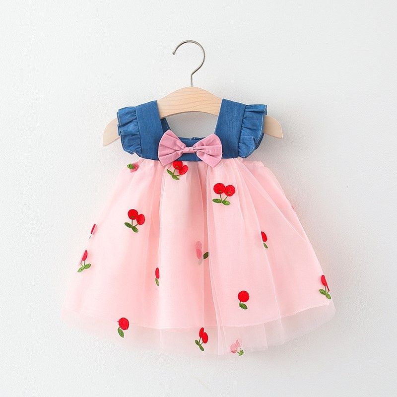 Abito in denim per bambini Abito con ricamo fragola principessa in rete carina_voghion.com