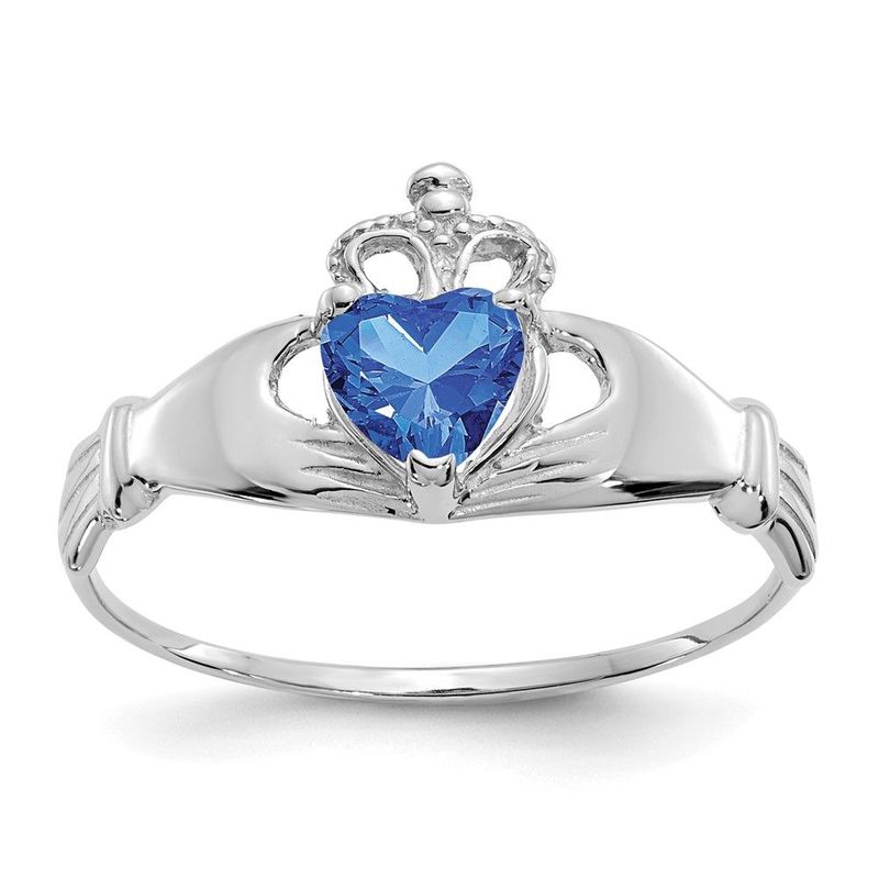 14k White Gold CZ September Birthstone Claddagh Heart Ring_voghion.com