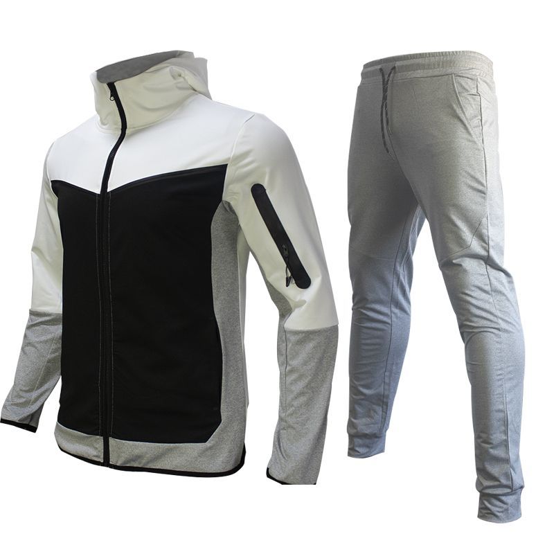 İlkbahar ve Sonbahar tam set erkek spor ceket sweatshirt kollu uzun pantolon kontrast hırka kapşonlu bol takım elbise_voghion.com