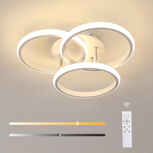 GOECO Dreifach-Kreis-Deckenleuchte, Aluminium, Farbe Weiß, 3 Leuchtenköpfe, Durchmesser 40 cm, Höhe 11,5 cm, mit Helligkeitsregelung und Fernbedienung, 39 W, 220 V_voghion.com