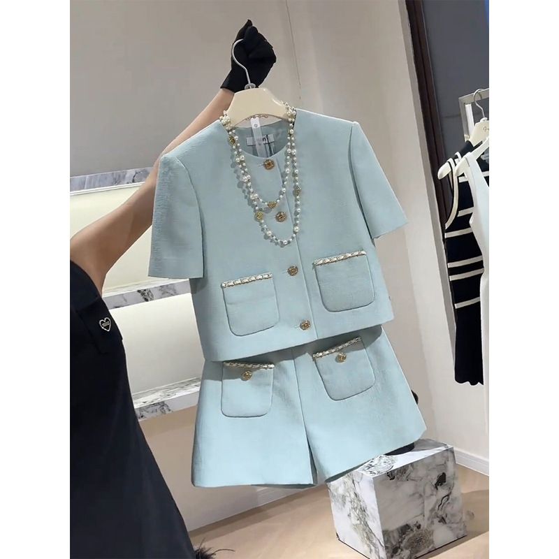 ​​Luxury Light Blue Shorts Set For Women - Summer Casual Outfit, High-End Comfort & Style, Breathable Polyester Fabric, S-XXL​​_voghion.com