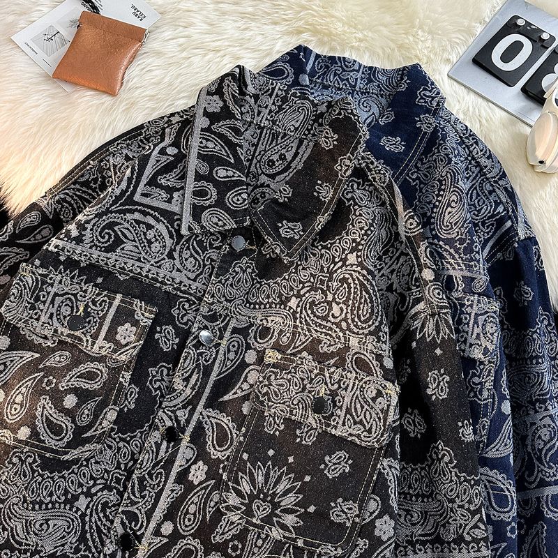 Chaqueta vaquera con estampado completo de flores de anacardo retro para hombre, chaqueta jacquard informal de alta gama para primavera y otoño_voghion.com