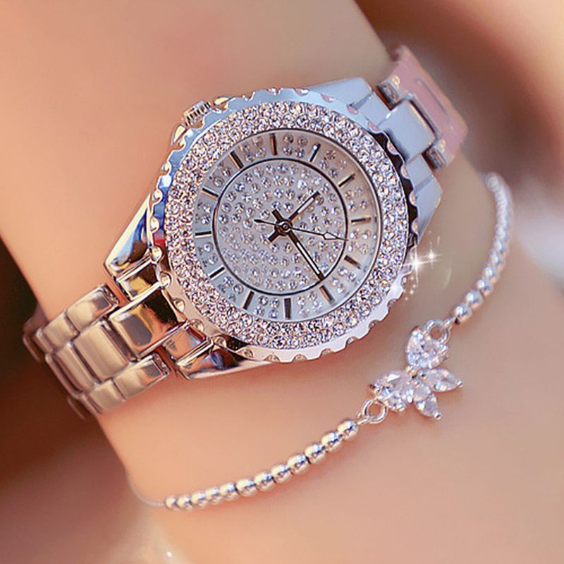 women's watch with super flash dial and diamond-studded quartz watch set + versatile diamond-studded bow ladies' beaded bracelet_voghion.com