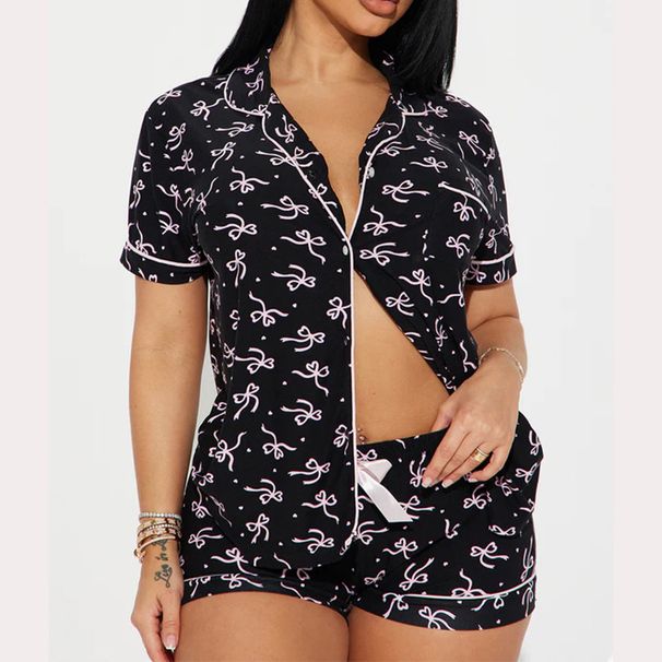 Women's Clothing Casual Ladies Comfortable Rejection Short Sleeve Printed Front Open Button Shorts Suit_voghion.com