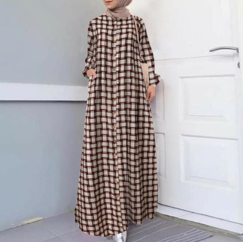 Damenbekleidung im ethnischen Stil, langärmelig, lockere Strickjacke, Temperament, kariertes langes Kleid aus Baumwolle und Leinen_voghion.com
