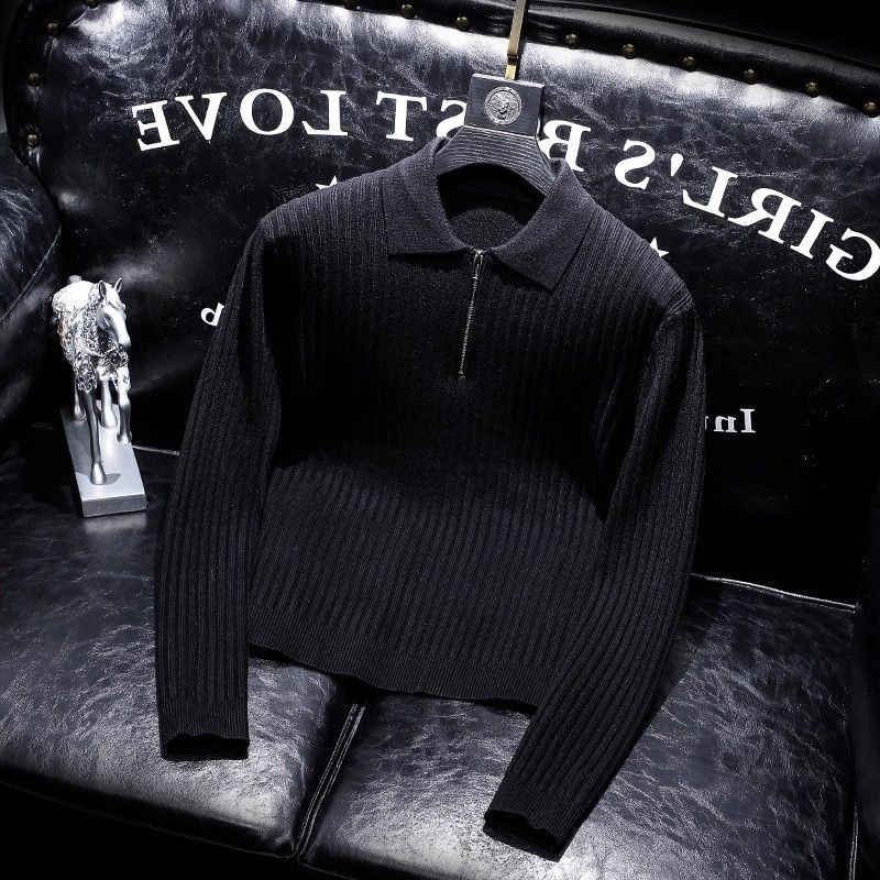 Herretøj Højkvalitets lynlåsrevers sweater til mænd Efterårs- og vinterstil Stribet tyk varm polokravetrøje til mænd_voghion.com